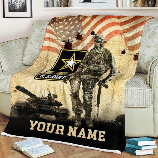Personalized Army Blanket, Custom Name U.S. Army Blanket,U.S. Army Logo with Soldier Silhouette, Silky Touch Sherpa Back Super Soft Throw, Officer Insignia Rank Soldier USA Military Veteran