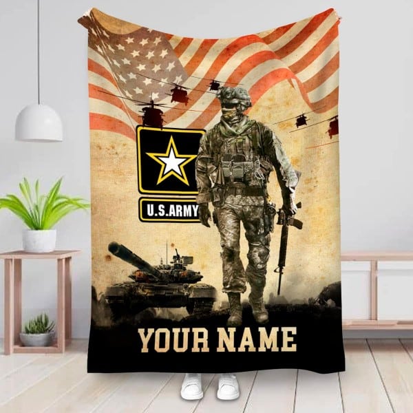 Personalized Army Blanket, Custom Name U.S. Army Blanket,U.S. Army Logo with Soldier Silhouette, Silky Touch Sherpa Back Super Soft Throw, Officer Insignia Rank Soldier USA Military Veteran